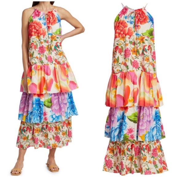 FARM Rio White Mixed Prints Tiered Maxi Dress Colorful Size XS